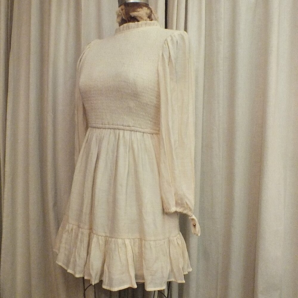 Short Dress with Long Puffy Sleeves in a Light Oatmeal Color Size Small